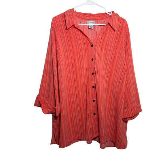 Catherines Blouse Women's 2X Striped V-Neck Button Up 3/4 Sleeve Collared Top - Picture 1 of 9